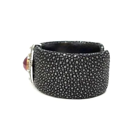 Sterling Silver Pink Sapphire & White Topaz Shagreen Cuff Bracelet - Picture 3 of 6